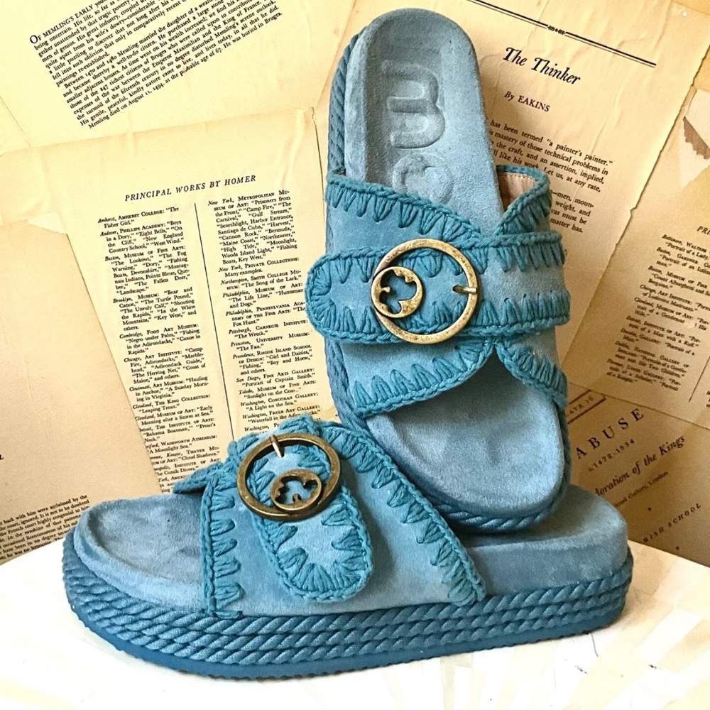 Anthropologie Mou Rope Monocolor Platform Sandal Suede Crochet Lt Blue
